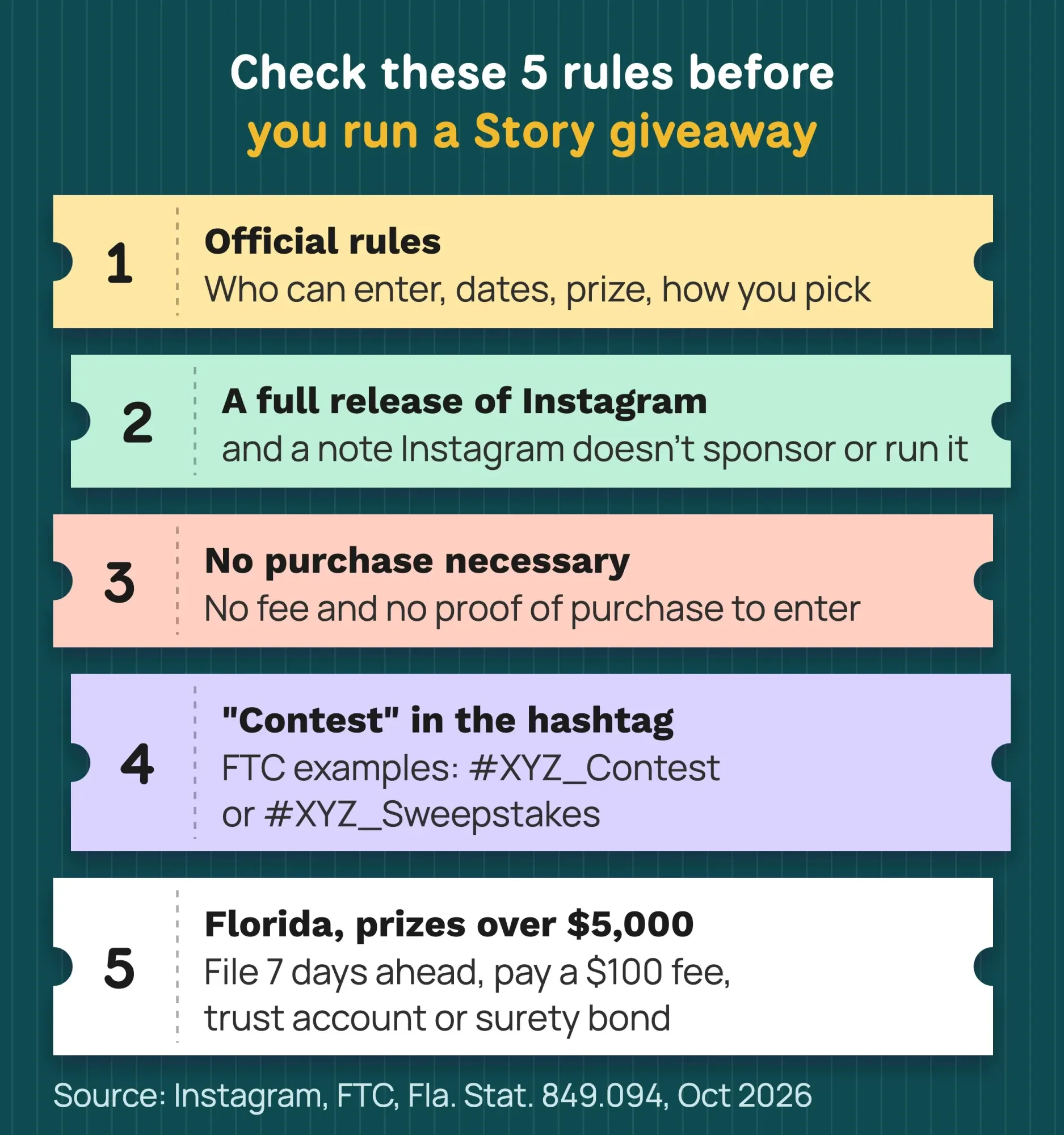 Giveaway rules card: official rules, Instagram release, no purchase necessary, a contest hashtag and Florida filing over $5,000