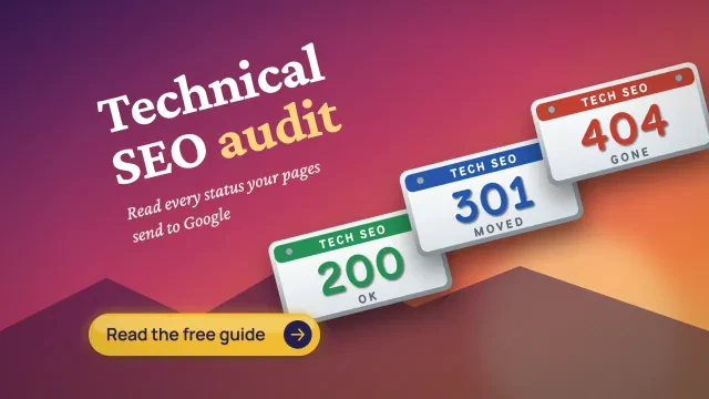Technical SEO audit: tilted license plates reading 200 OK, 301 Moved and 404 Gone on a sunset diagonal, with a Read the free guide button