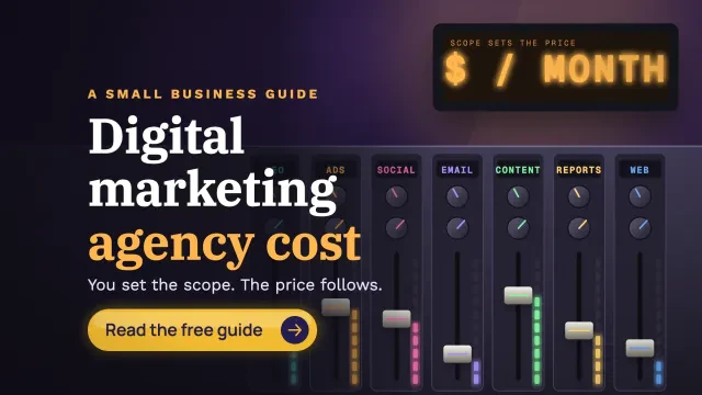 Digital marketing agency cost: a glowing mixing desk with sliders for ads, social, email, content and reports under a dollars per month display, with a Read the free guide button