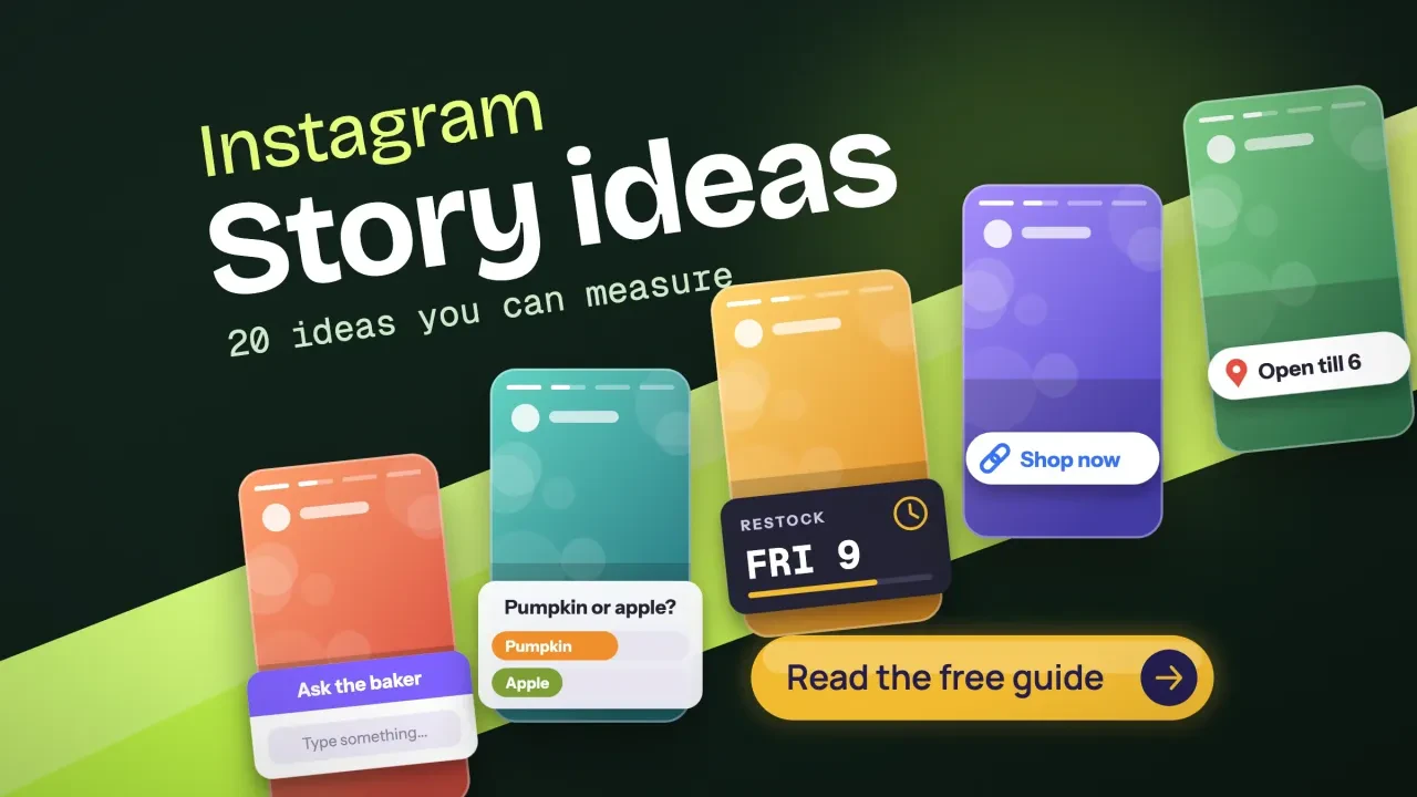 Instagram Story ideas for business: tilted Story cards with poll, link, countdown and question stickers on a dark green diagonal, with a Read the free guide button