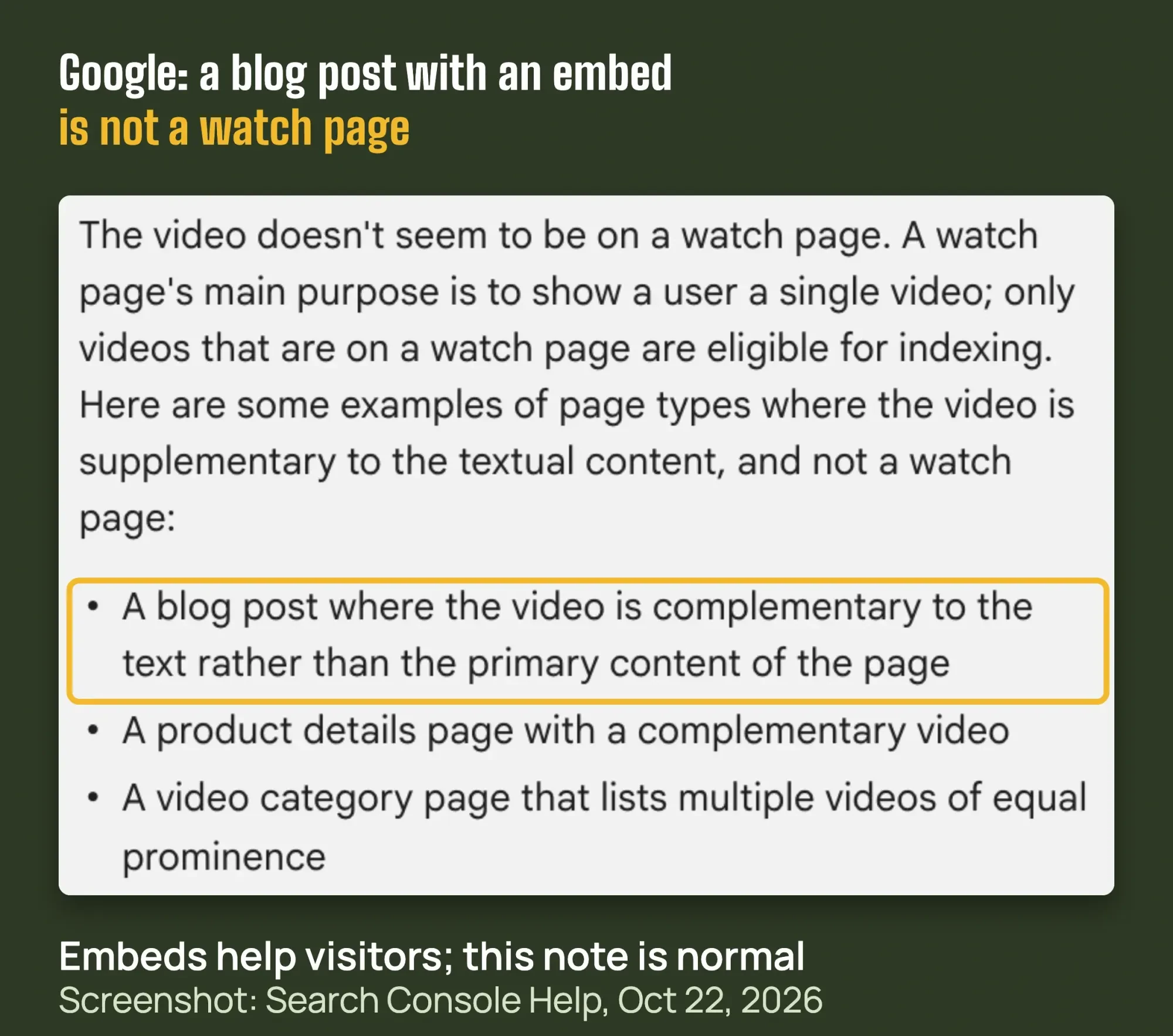 Screenshot of Google Search Console Help: Video isn't on a watch page, with blog posts, product pages and category pages listed as not watch pages