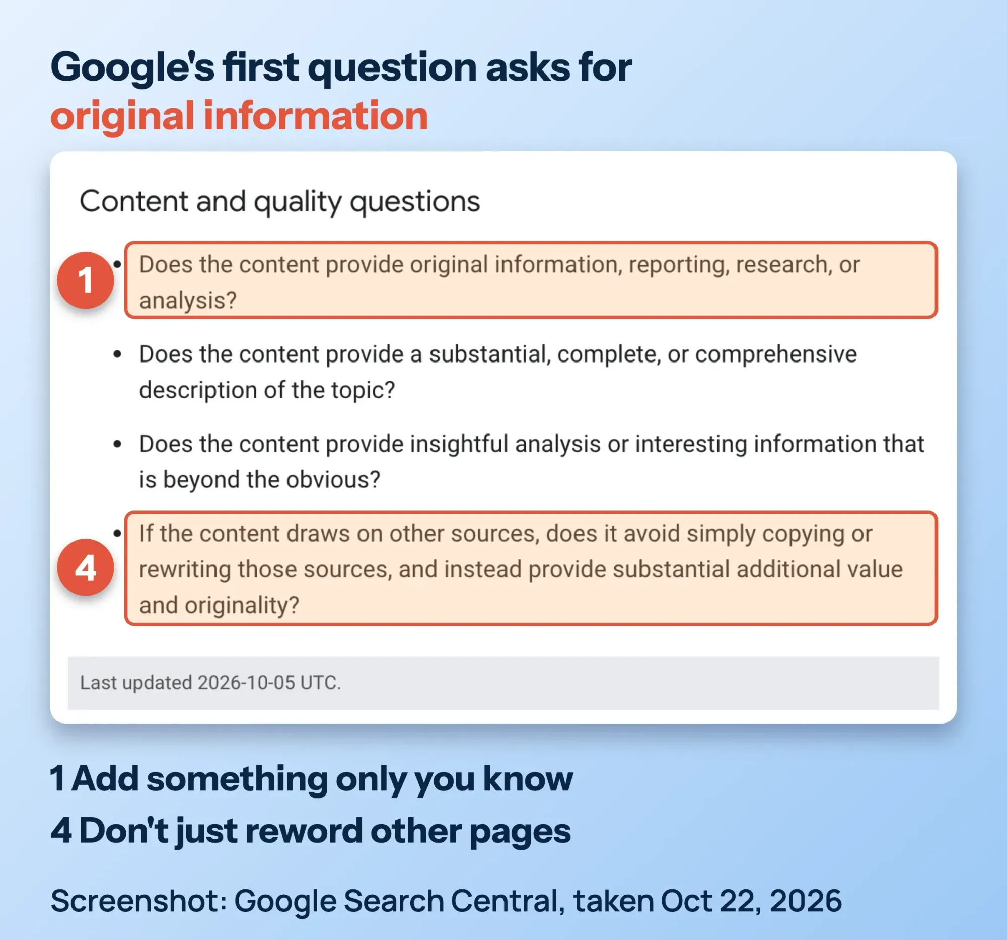Screenshot of Google Search Central content and quality questions, with the original information and copying questions highlighted
