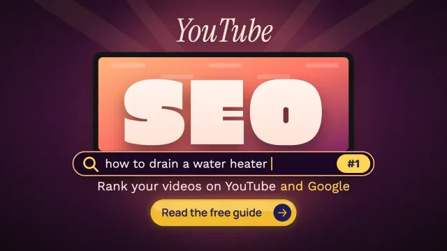 YouTube SEO: giant SEO letters on a video player with a search bar showing a number 1 result below, and a Read the free guide button