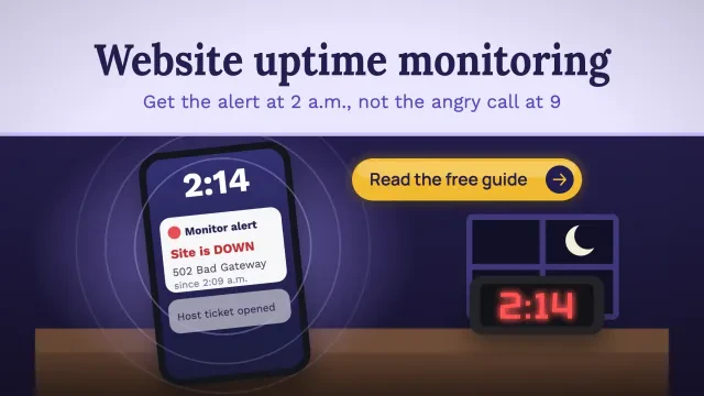 Website uptime monitoring: a phone on a nightstand at 2:14 a.m. showing a Site is DOWN alert, under a lavender title band, with a Read the free guide button