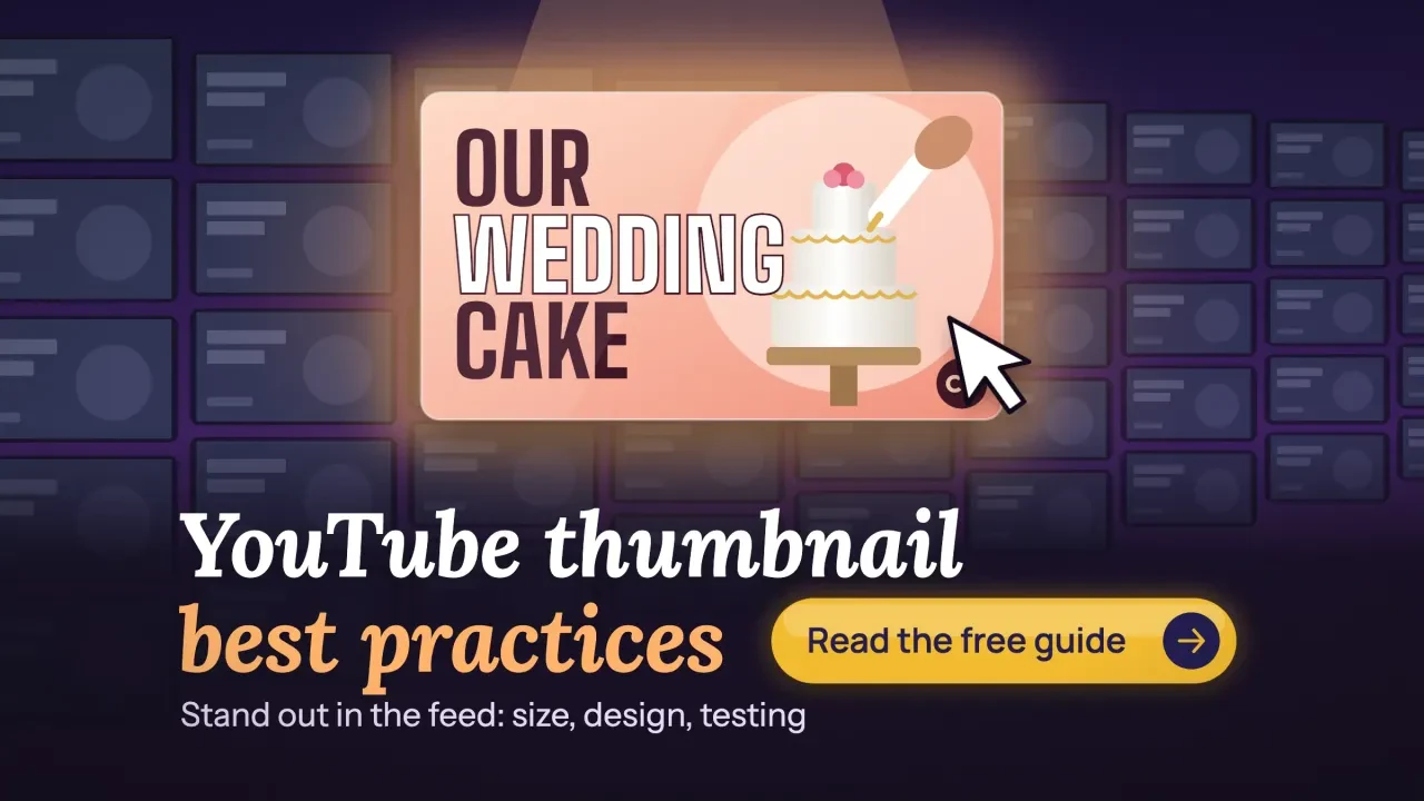 YouTube thumbnail best practices: one glowing wedding cake thumbnail standing out in a dark grid of videos, with a Read the free guide button