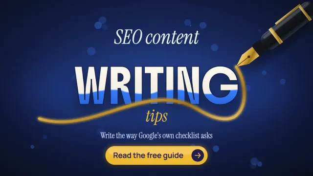 SEO content writing tips: giant WRITING letters filling with blue ink from a gold fountain pen on navy, with a Read the free guide button