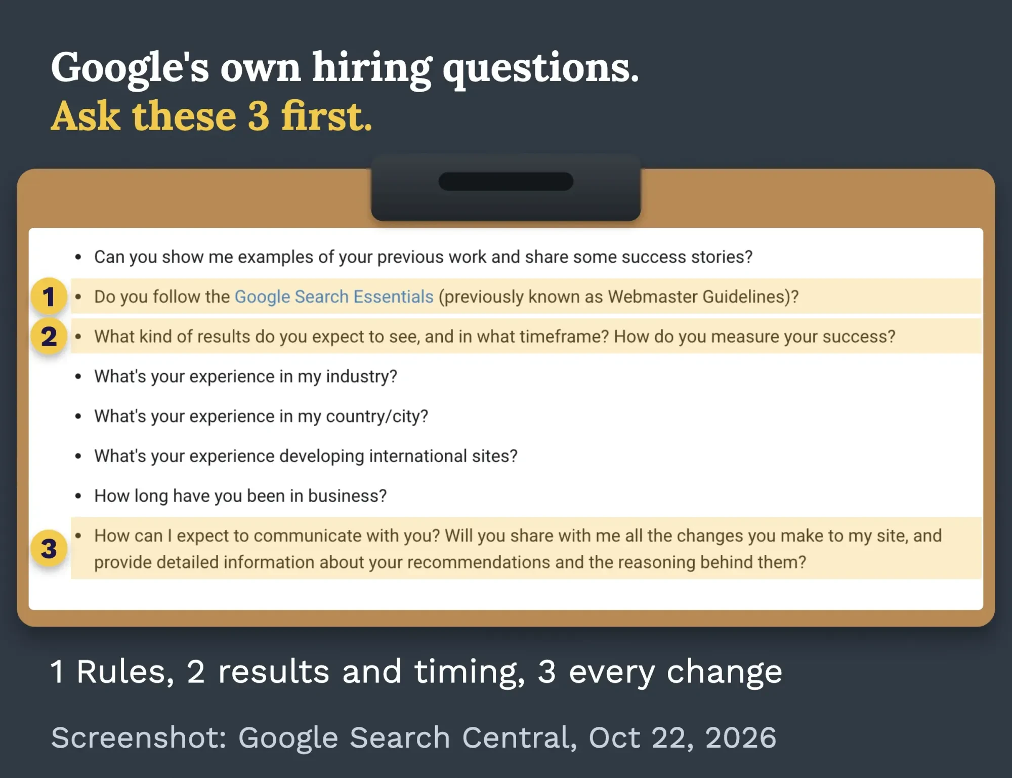 Screenshot of Google Search Central listing its interview questions for hiring an SEO, with 3 questions marked