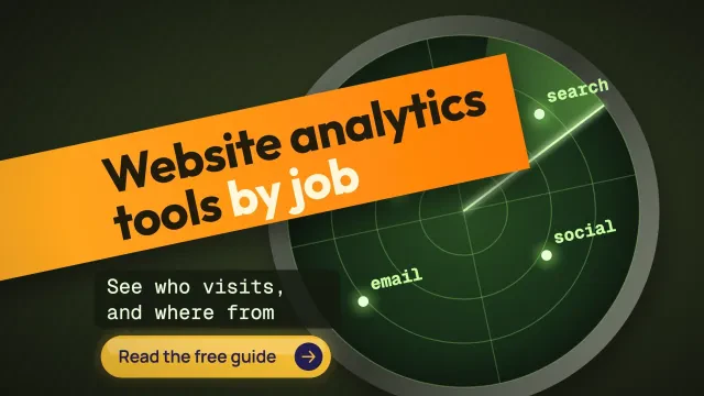Website analytics tools by job: an orange title banner across a green radar screen picking up search, social and email visits, with a Read the free guide button