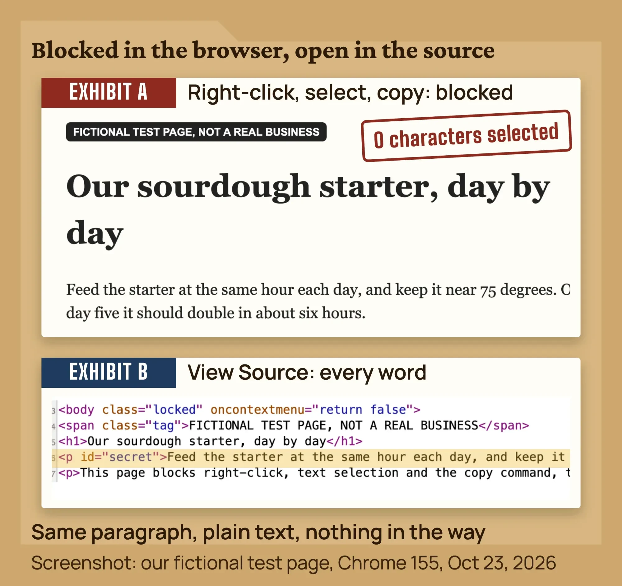 Our fictional test page with copying blocked, next to Chrome View Source showing the same paragraph in plain text