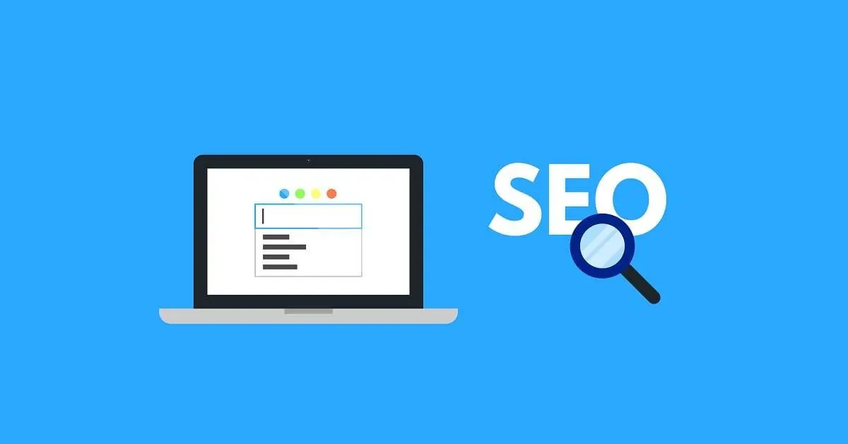 Illustration of a laptop with a search engine results page on the screen and the word "SEO" next to a magnifying glass on a blue background.