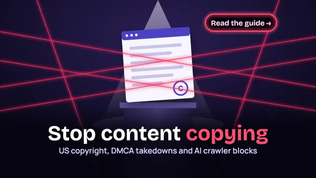 Stop content copying: a web page on a gallery plinth under a spotlight inside a red laser grid, with a neon Read the guide button