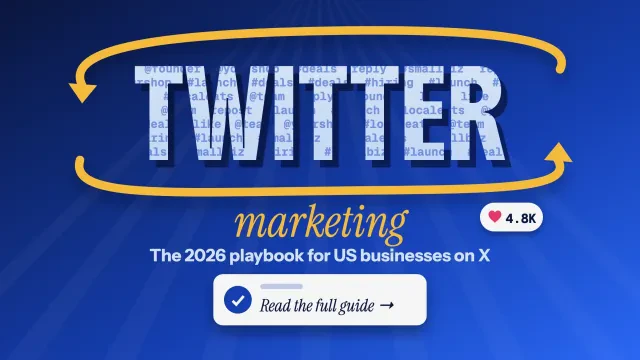 Twitter marketing: giant TWITTER letters filled with hashtags inside a gold repost loop on electric blue, with a post-card style button