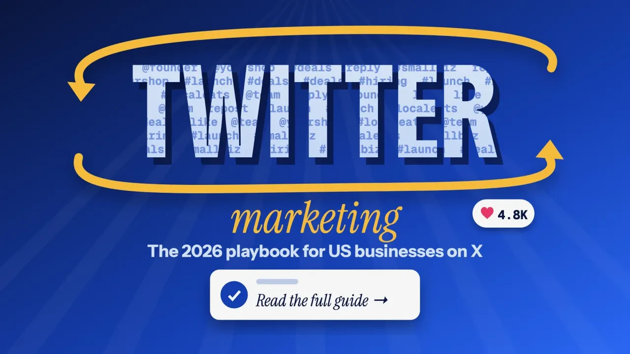 Twitter marketing: giant TWITTER letters filled with hashtags inside a gold repost loop on electric blue, with a post-card style button