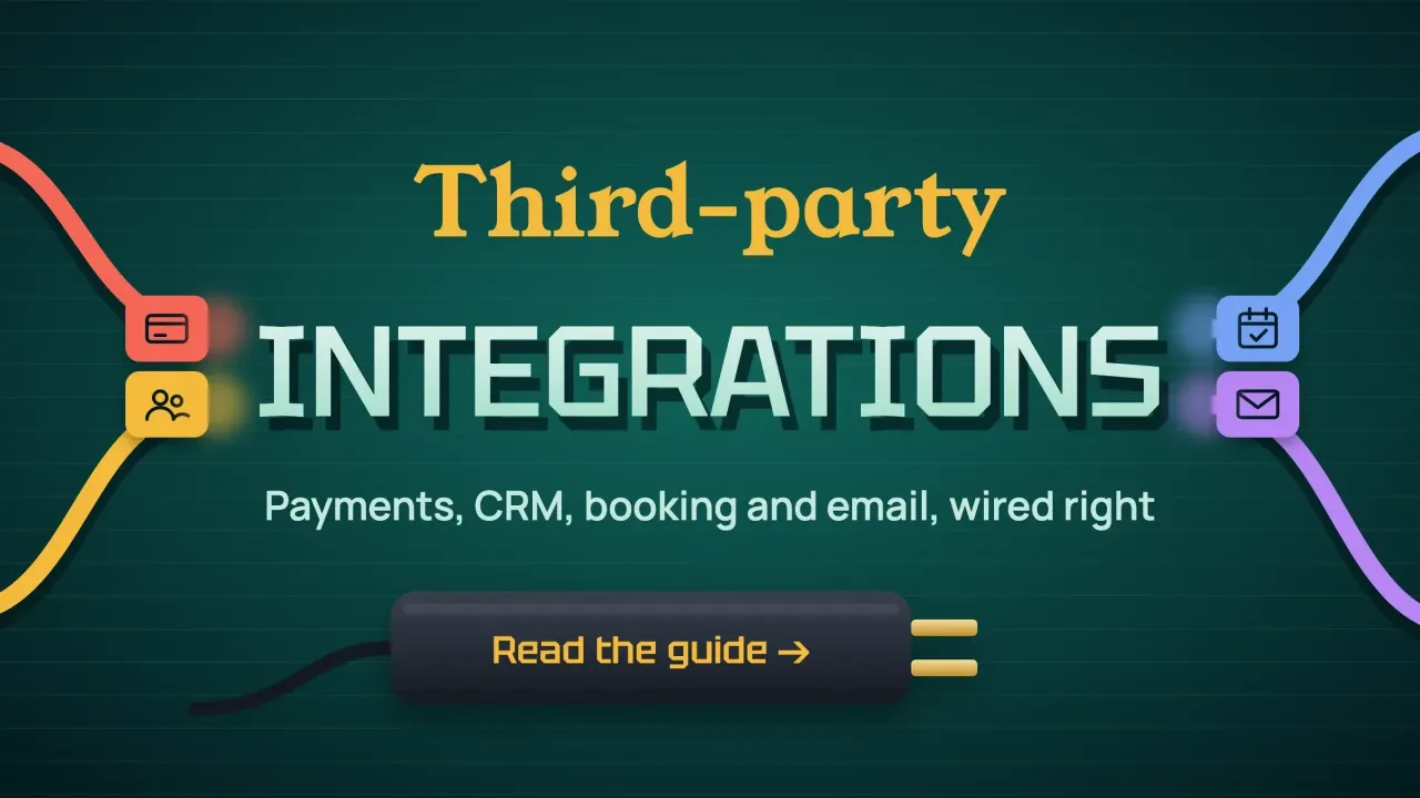 Third-party integrations: four coloured cables for payments, CRM, booking and email plug into giant mint letters, with a plug-head button