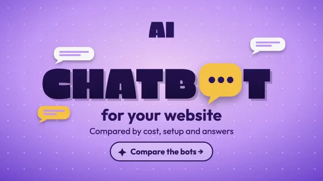 AI chatbot for website: giant CHATBOT letters with a yellow speech bubble as the O on a lilac glow, with a Compare the bots chip