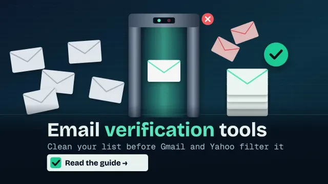 Email verification tools: envelopes pass a glowing scanner, clean ones stack under a green check and bad ones fall away red