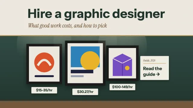 How much a graphic designer costs: framed designs on a gallery wall with sourced hourly rate placards and a museum-label button