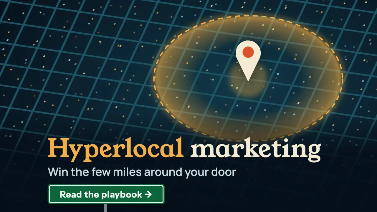 Hyperlocal marketing: a night aerial street grid with a glowing radius ring around one shop pin and a green street-sign button