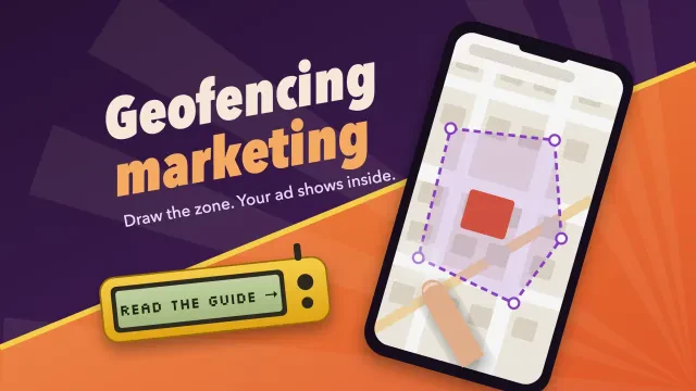 Geofencing marketing: a fingertip draws a dashed zone around a store on a tilted phone map, plum and tangerine, with a GPS-unit button