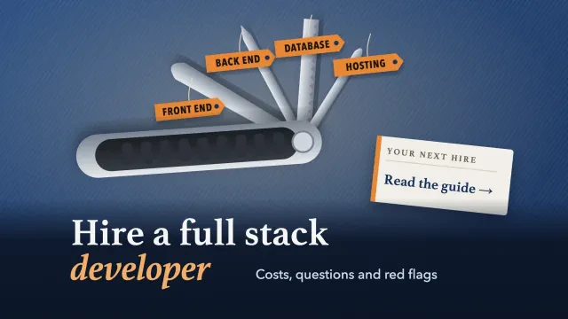 Hire a full stack developer: a multi-tool fans out tools tagged front end, back end, database and hosting, with a business-card button