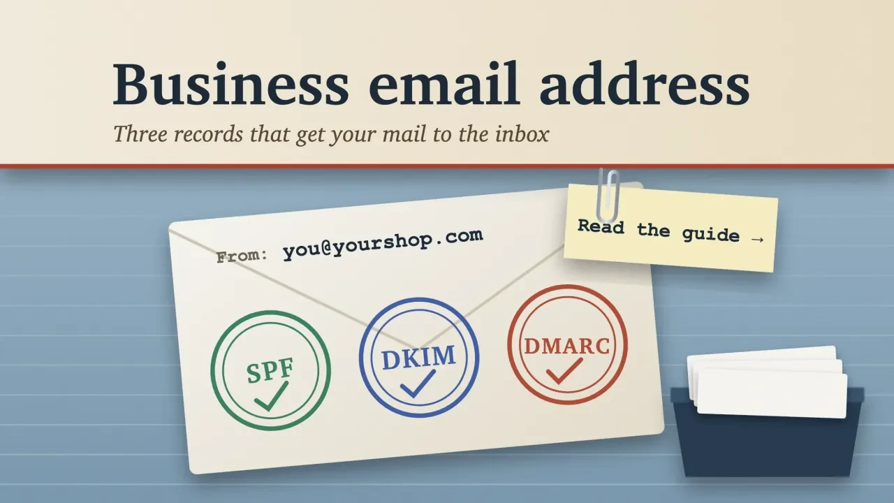 Business email on your own domain: an envelope from you@yourshop.com stamped SPF, DKIM and DMARC beside an inbox tray, with a clipped note