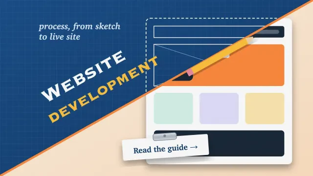 Website development process: one web page drawn as a dashed wireframe on blueprint and finished in colour on cream, with a clipboard button