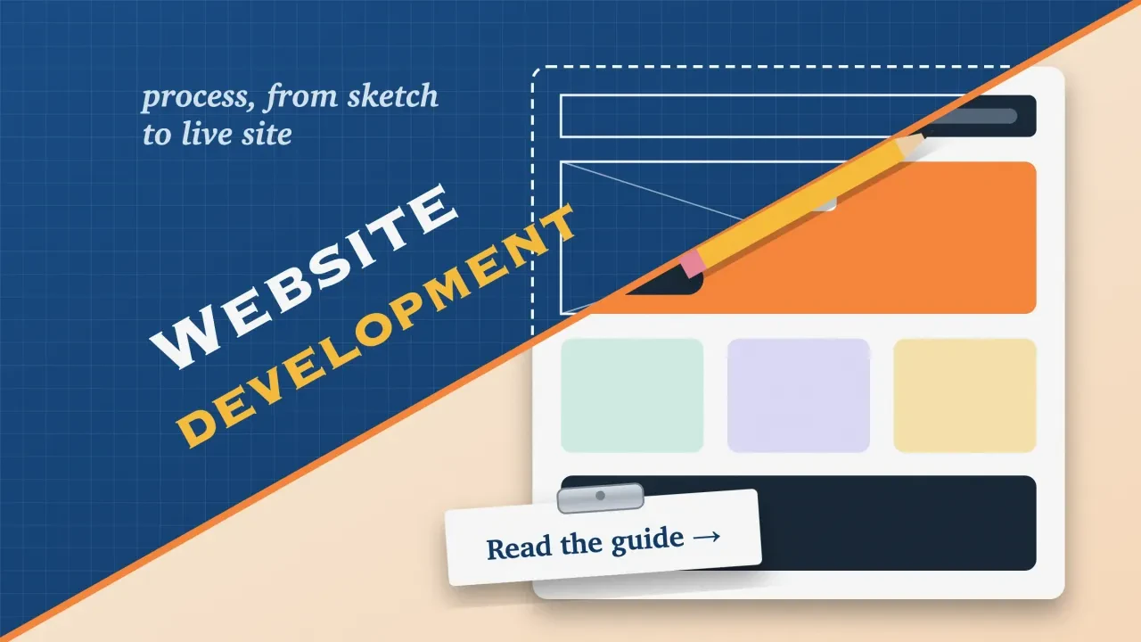 Website development process: one web page drawn as a dashed wireframe on blueprint and finished in colour on cream, with a clipboard button