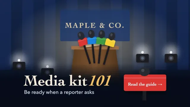 Media kit 101: a press conference podium with four microphones and flashing cameras on a navy stage, with a TV microphone flag button