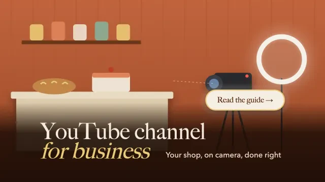 YouTube channel for business: a bakery counter with a camera on a tripod and a glowing ring light, with a ring-light halo button