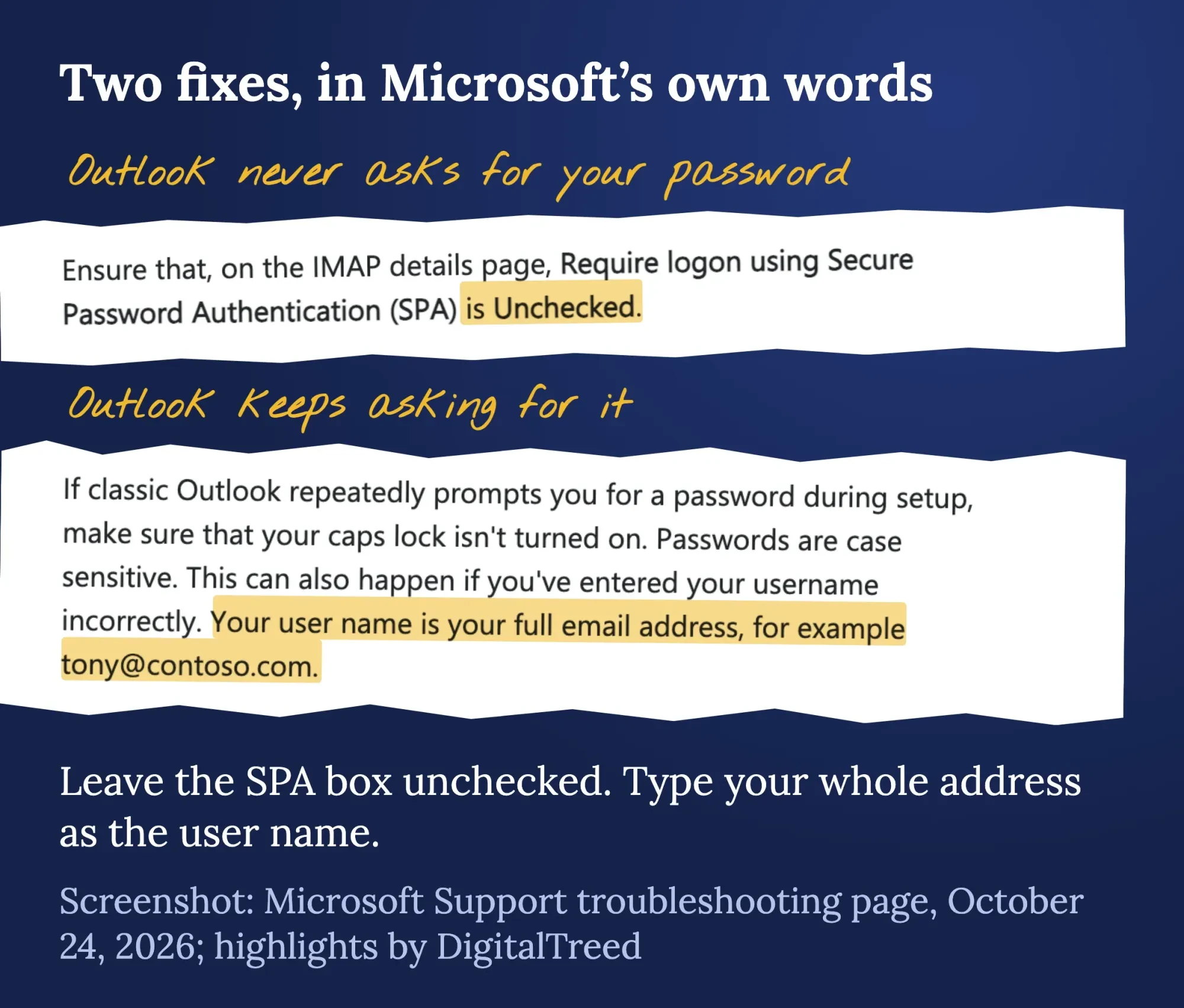 Real screenshot of Microsoft troubleshooting text: leave the SPA box unchecked and use your full email address as the user name, annotated