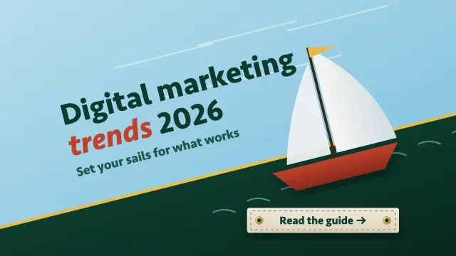 Digital marketing trends 2026: a sailboat heels on diagonal wind lines between sky blue and forest green, with a sail-cloth patch button