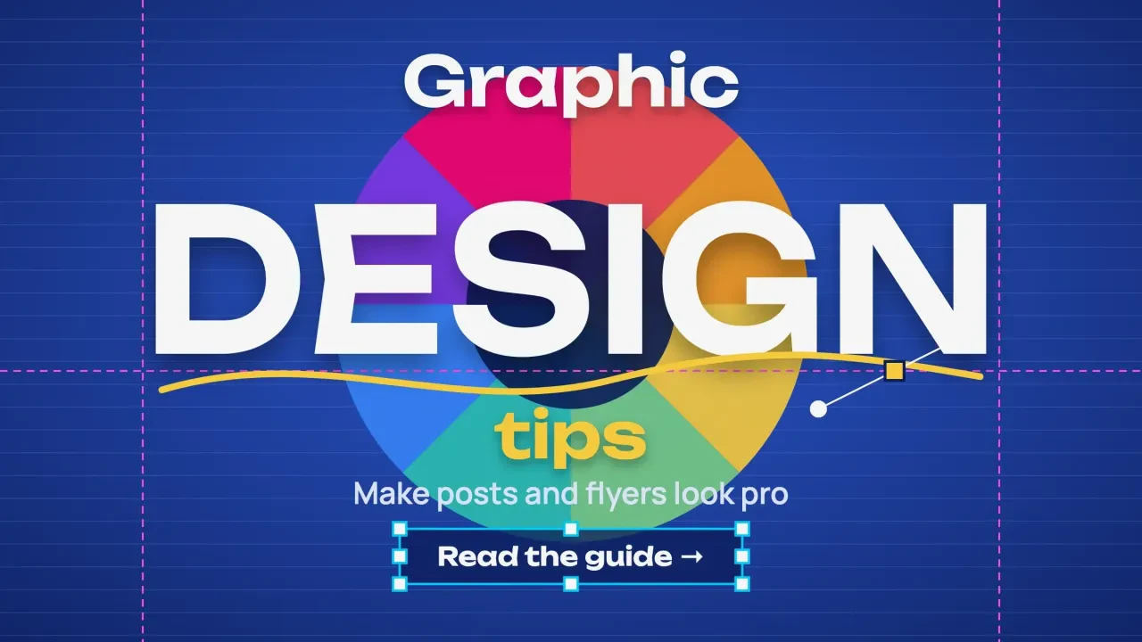 Graphic design tips: the word DESIGN over a colour wheel on a blue layout grid with alignment guides, a pen curve and a selected text-box button
