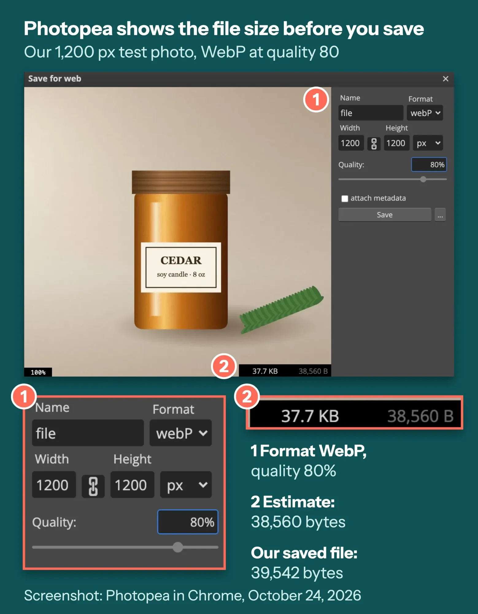 Photopea Save for web dialog showing our 1,200 by 1,200 px candle photo as WebP at 80% quality, estimated at 38,560 bytes