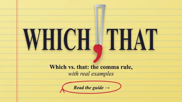 Which vs that: the words WHICH and THAT on a yellow legal pad with a big red comma held by tweezers between them, and a red pencil circle button