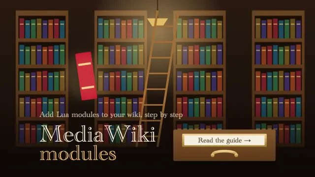 Install modules in MediaWiki: a lamp-lit library hall with tall shelves and a rolling ladder, one red volume pulled out and glowing, and a card-catalog drawer button