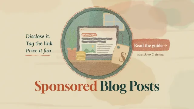 Sponsored blog posts: a painted laptop showing a post marked sponsored with a price tag tied on, inside a round frame, and a paint-swatch button