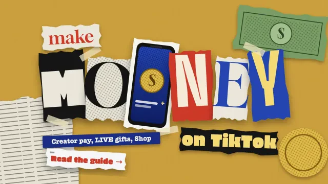 Make money on TikTok: the word MONEY in cut-out ransom letters around a paper phone with a coin, and a stapled paper-scrap button