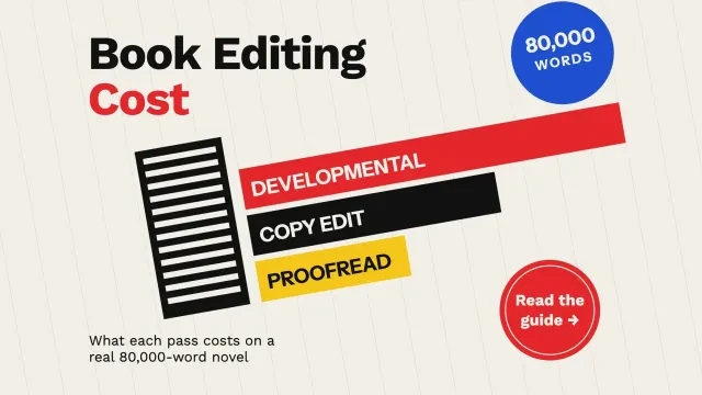 Book editing cost: a manuscript block beside three tilted bars for developmental, copy edit and proofread, an 80,000 words disc and a red dot button