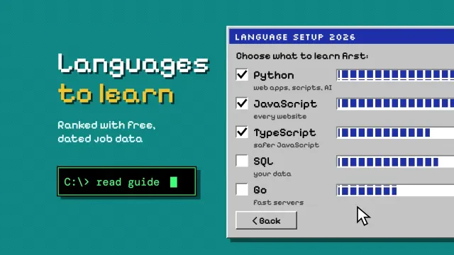 Programming languages to learn: a retro installer window with Python, JavaScript and TypeScript ticked and pixel progress bars, and a command-prompt button