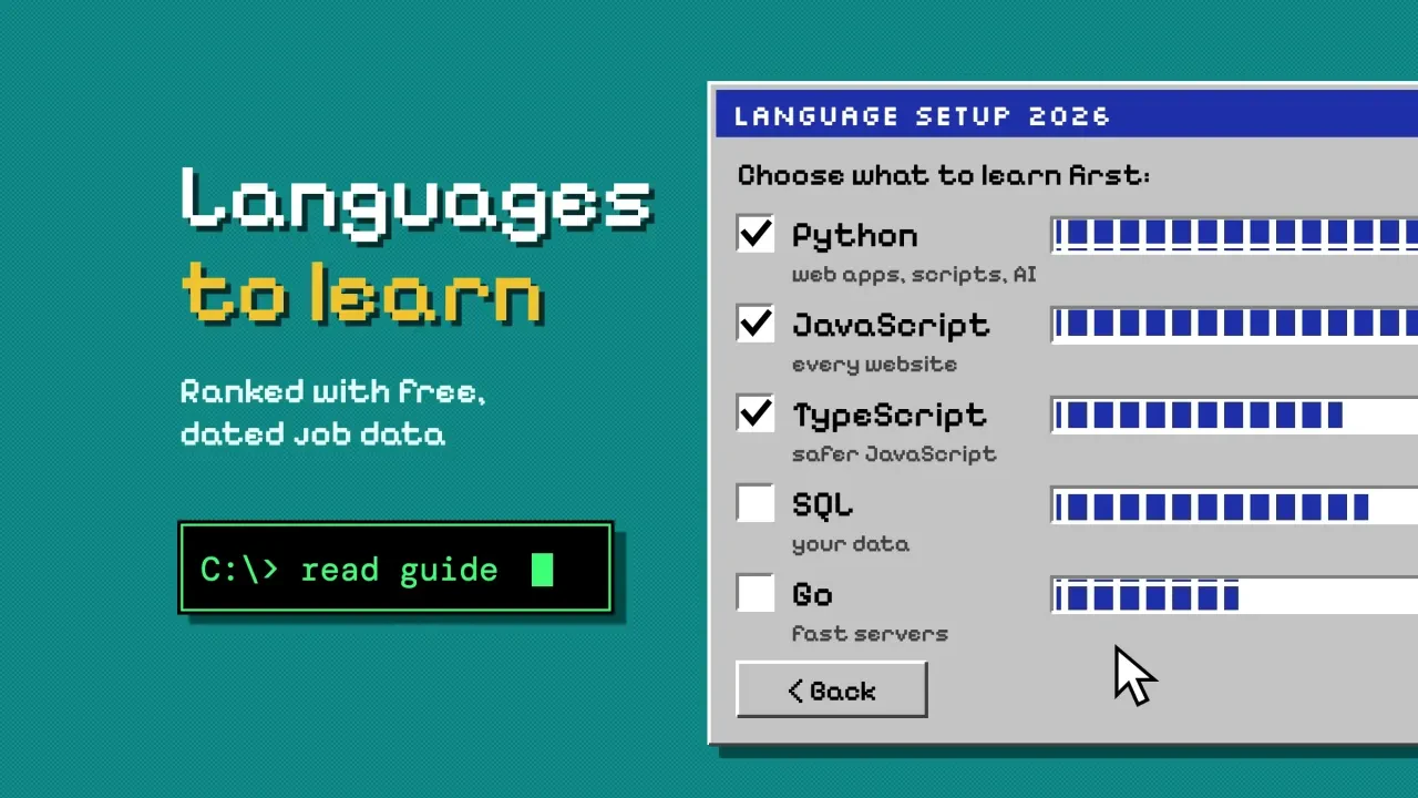 Programming languages to learn: a retro installer window with Python, JavaScript and TypeScript ticked and pixel progress bars, and a command-prompt button