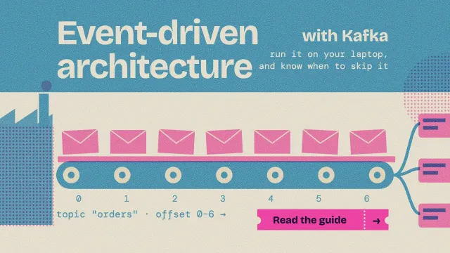 Event-driven architecture with Kafka: a risograph conveyor carrying numbered envelopes from a producer to three consumers, with a ticket-stub button