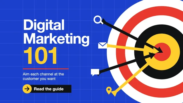 Digital marketing basics: a Swiss-style bullseye with four channel arrows landing on the customer, and a dot-and-bar button