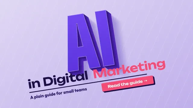 AI in digital marketing: giant extruded 3D letters AI on a tilted lilac layout, with a coral slab-sign button