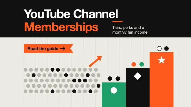 YouTube channel memberships: a crowd of dots climbing three flat tier blocks as members join, with an orange notched-flag button