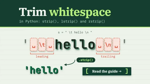 Python trim whitespace: a string with its spaces and tabs shown as dashed cells, trimmed by strip to hello, with a bracket button