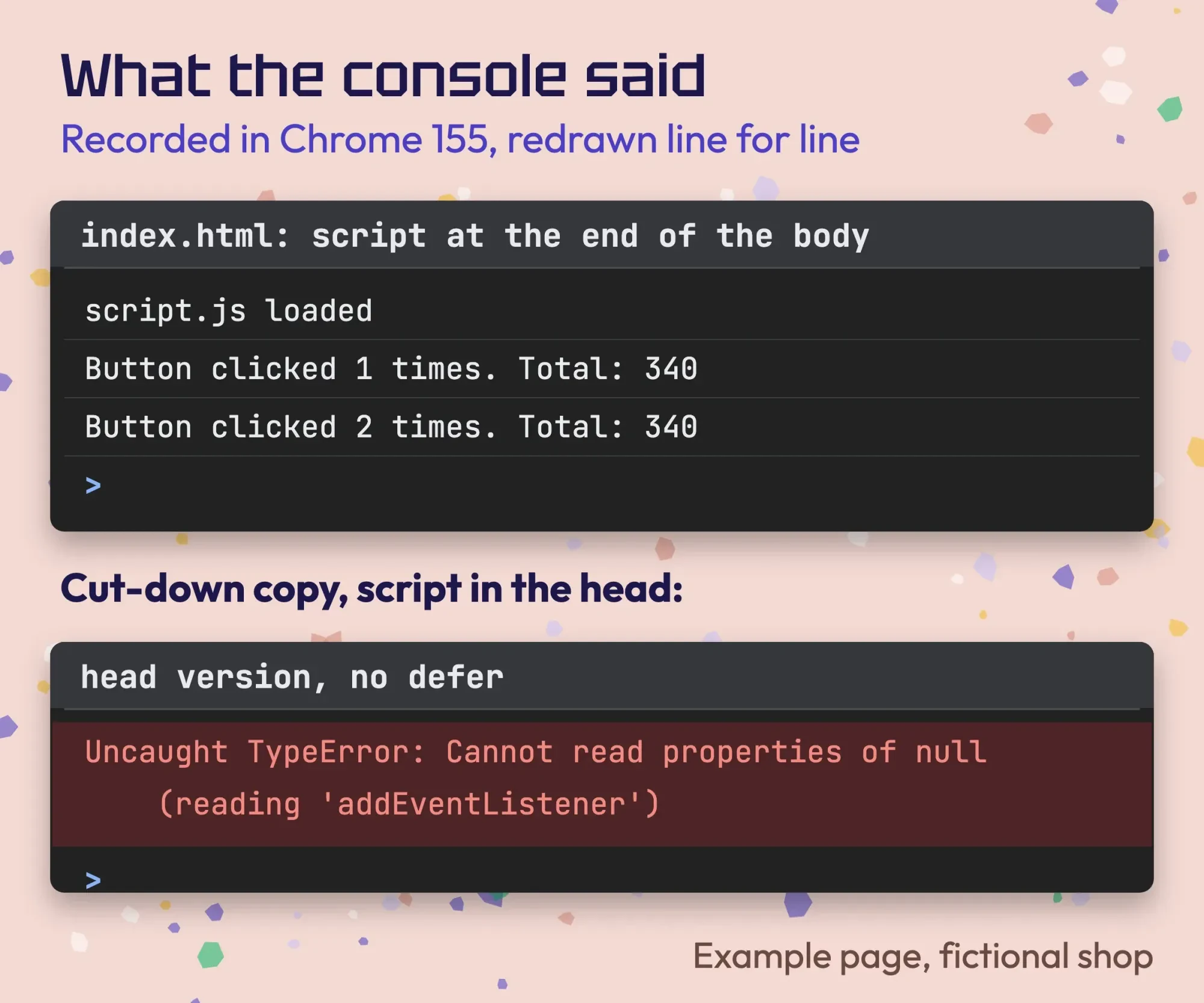 Redrawn Chrome console: script.js loaded and two Total: 340 lines, then the head version with Cannot read properties of null in red