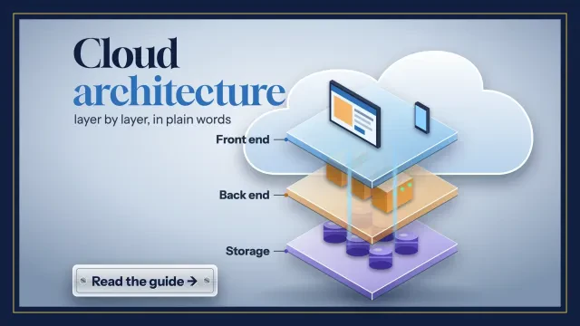 Cloud computing architecture: three glass slabs for storage, servers and front end stacked before a frosted cloud, in a framed poster