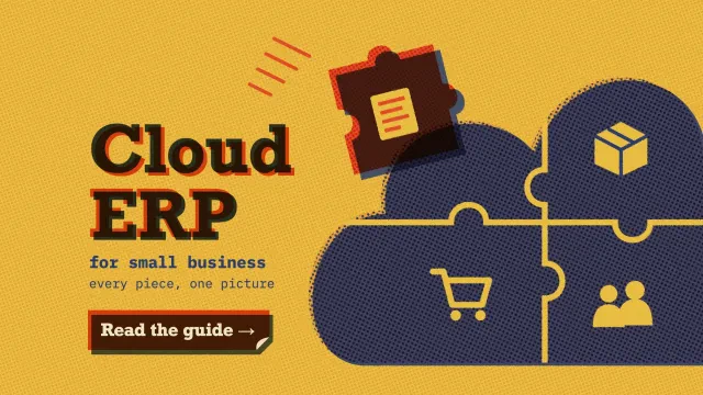 Cloud ERP for small business: a risograph jigsaw cloud of inventory, sales and team pieces with the ledger piece flying in