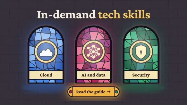 In-demand tech skills: three stained-glass windows for cloud, AI and data, and security, with light spilling across stone