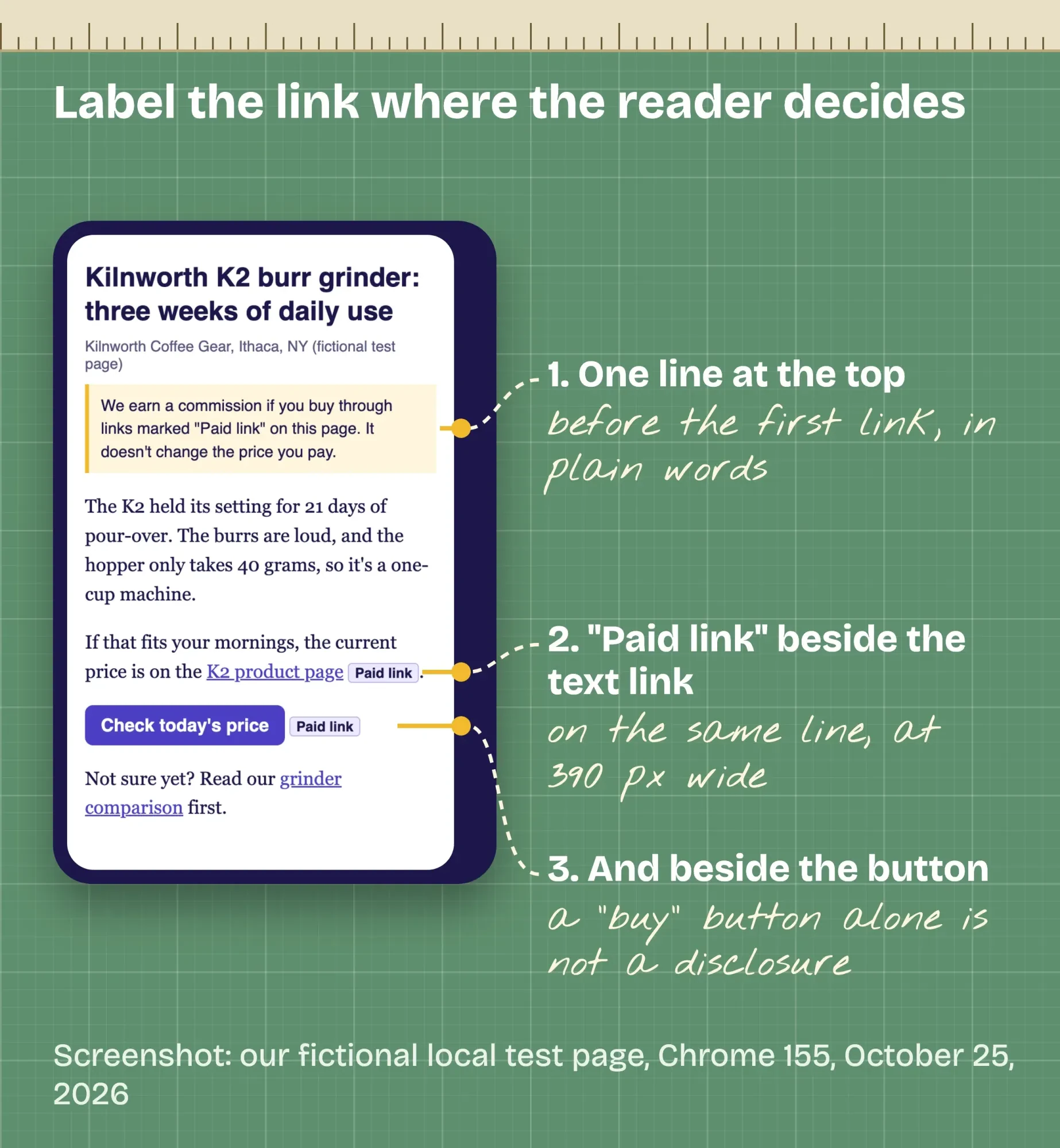 Phone-width test review page with a commission note at the top and a Paid link label beside the text link and the price button